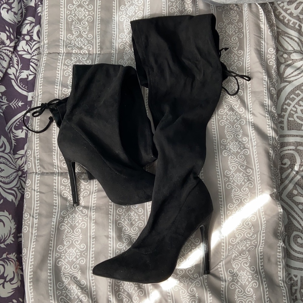 Size 7 Black Thigh-High Boots with Ties